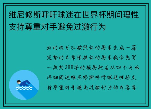 维尼修斯呼吁球迷在世界杯期间理性支持尊重对手避免过激行为